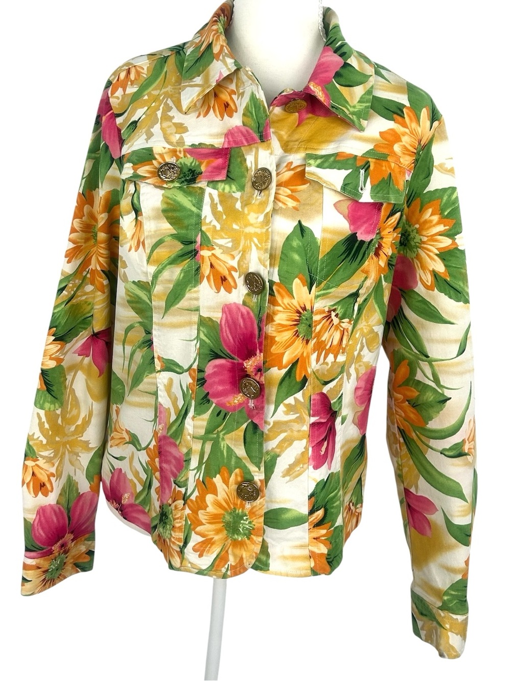 Floral Print Women's Denim Jacket in Pink, Yellow & Green